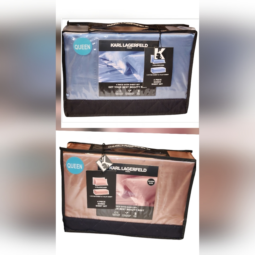 NWT Karl Lagerfeld Luxury Bedding Set Satin Queen 4PC Sheet Set Blue/Pink